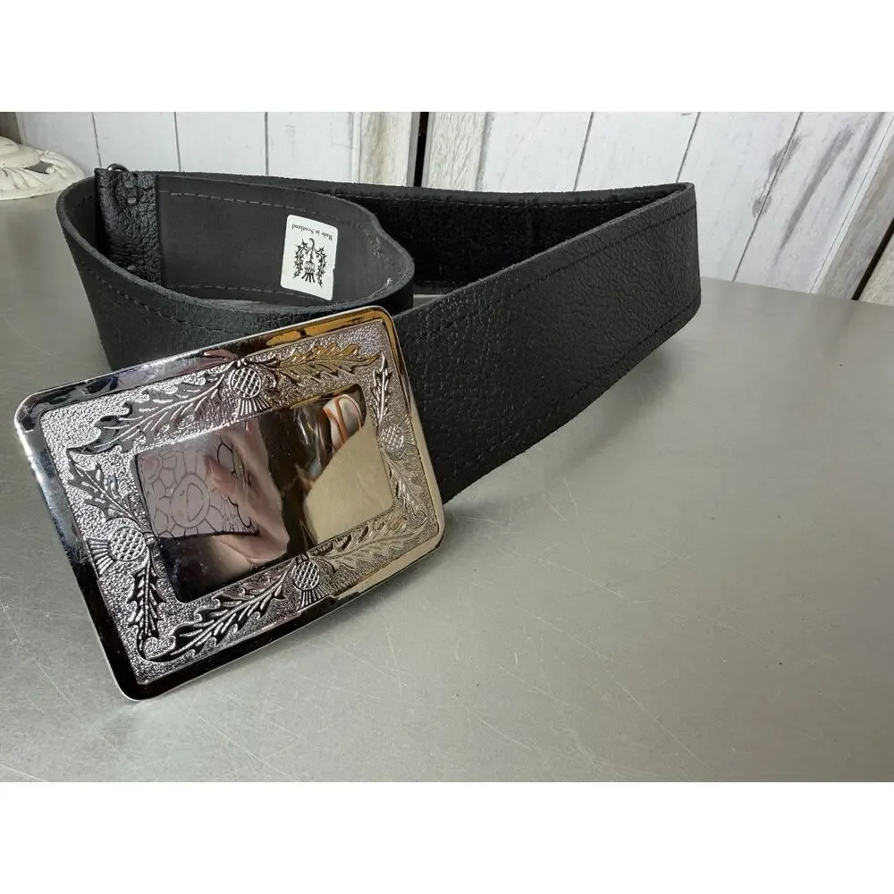 Black KILT Leather BELT SCOTTISH THISTLE SILVER BUCKLE Size Large XL Highland